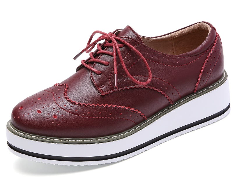DADAWEN Women's Platform Lace-Up Wingtips Square Toe Oxfords Shoe Wine Red Leather US Size 5/Asia Size 35/22.5cm - Image 1